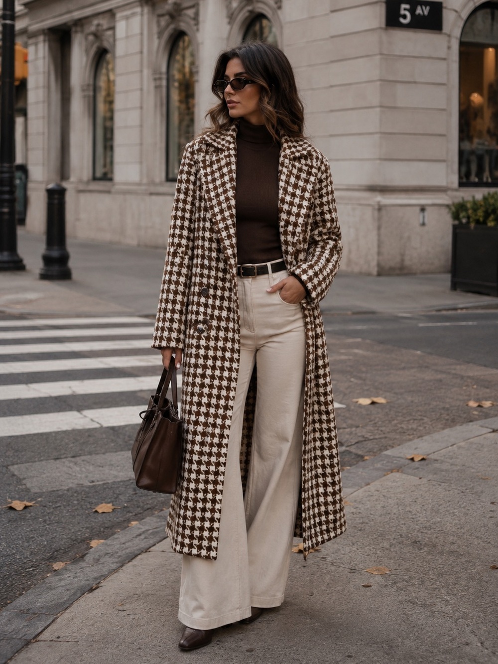 Tan Brown Houndstooth Long Double Breasted Maxi Coat